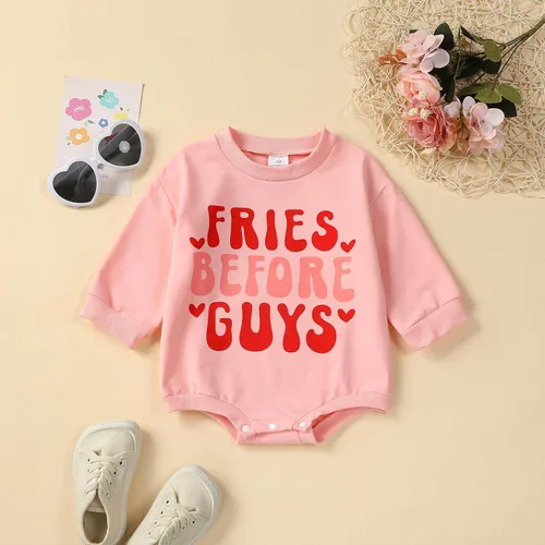 Vista 24 de Traje de bebé niña para el primer día de San Valentín, mameluco de burbujas con cuello redondo, sudadera linda para primavera y otoño