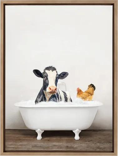 Vista 2 de Kate and Laurel Sylvie - Lienzo enmarcado con diseño de vaca y pollo en baño rústico por Amy Peterson Art Studio, dorado de 18 x 24 pulgadas, arte