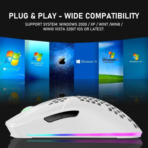 Vista 8 de XINMENG Ratón inalámbrico para juegos, diseño de panal ligero, 3200 DPI recargable, con 16 retroiluminación arcoíris, receptor USB, compatible