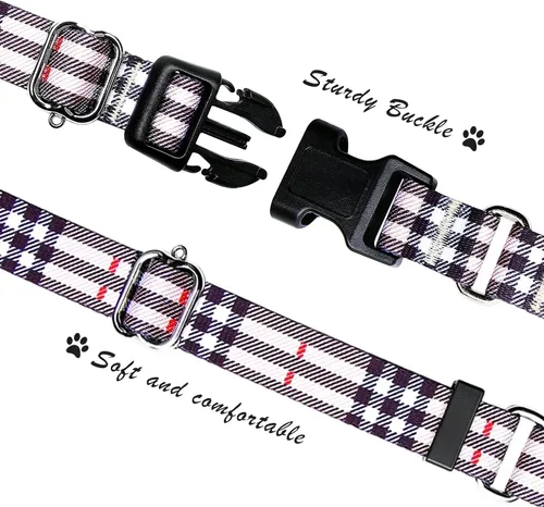 Vista 3 de Hikiko - Collar de cuadros para perros con collar ajustable de nylon Martingale con hebilla de liberación rápida (Pluma de beige, X-Pequeño)