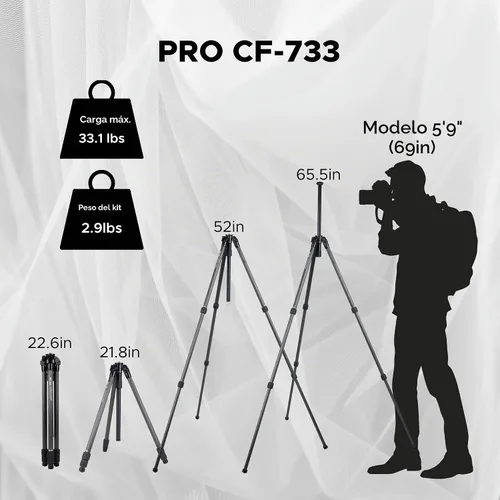 Vista 4 de SLIK Pro CF-733 Trípode de fibra de carbono de 3 secciones de 65.5 pulgadas, negro (615-924)