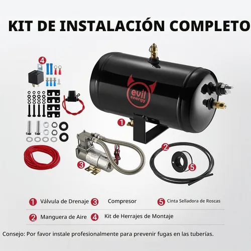 Vista 6 de EVIL ENERGY Tanque de aire y compresor Kit de 1 galón, 5 puertos, 1/4" NPT 150PSI nominal 12V compresor de tanque de aire para camión, bocina
