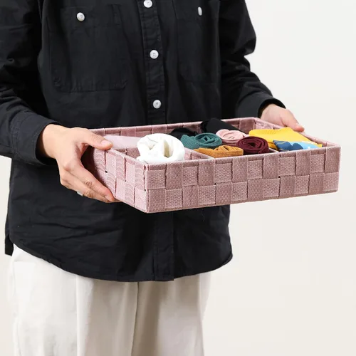 Vista 5 de Cesta decorativa dividida con correa tejida, cubos de almacenamiento de baño con compartimento, contenedor de organización de dormitorio con 4 Rosa