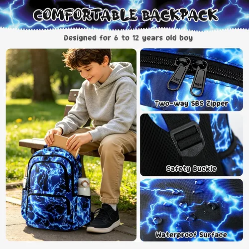 Vista 5 de Mochila para niños y niñas, juego de mochila para niños, bolsa ligera con lonchera y bolsa para lápices para primaria primaria Relámpagos.
