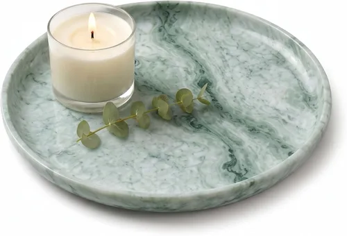 Vista 15 de YKAJO Beige Travertine Round Marble Tray, 10" Deep Dish Vanity Organizer