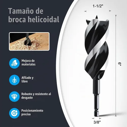 Vista 2 de Broca de taladro de barrena de 1-1/2" x 6" para madera, vástago hexagonal de tres estrías, broca de barrena larga para madera blanda y dura, tocón