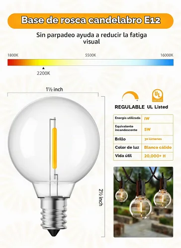 Vista 4 de Brightown Bombillas LED de repuesto G40, bombilla de plástico de globo inastillable de 1 W para base de tornillo de candelabro E12 o C7, bombillas