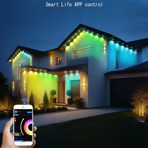 Vista 9 de Rosykite Luces de Navidad al Aire Libre - 50 pies de luces inteligentes RGB+IC para canalones con 63 escenas, impermeables IP67, control de voz