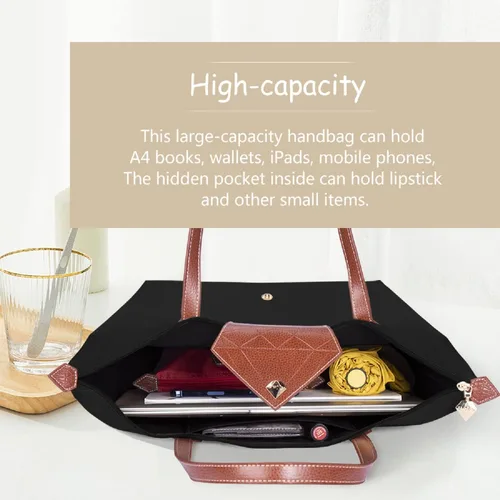 Vista 4 de Bolso de mano para mujer, bolso de hombro de nailon ligero grande y bolso de trabajo de viaje, plegable con asa superior con cremallera
