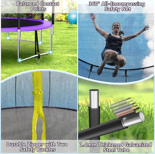 Vista 4 de Tranpolina de 12 pies, 14 pies y 16 pies, para adultos y niños, tranpolina al aire libre de 1500 libras con luz, rociador, calcetines, tranpolina