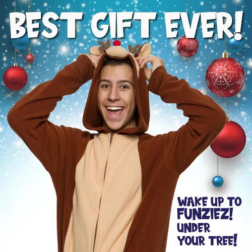 Vista 2 de Funziez! Slim Christmas Adult Onesie - Fun Holiday Costume - Santa Clause and Reindeer One Piece for Adults, Women and Men