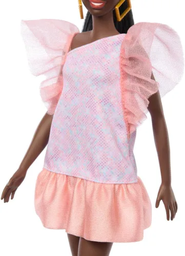 Vista 5 de Muñeca Barbie Fashionistas #216 con cuerpo alto y cabello negro en moño bajo en vestido de fiesta rosa y melocotón, juguete coleccionable del 65