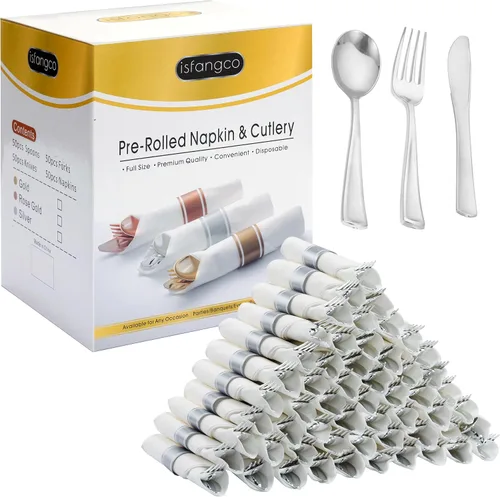 Vista 10 de Juego de 50 cubiertos de plástico dorado preenrollados con servilletas, juego de cubiertos desechables envueltos resistentes para bodas, fiestas