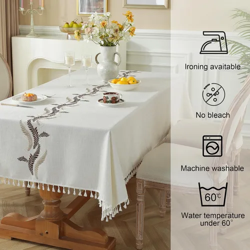Vista 4 de JIALE Mantel para mesa rectangular, 70 pulgadas, manteles marrón y beige de 70 pulgadas, lino de algodón resistente (2 piezas)