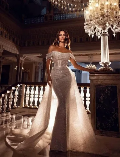 Vista 4 de TIRAS Vestidos de fiesta de sirena para mujer, vestido formal de noche con lentejuelas y hombros descubiertos, con cola desmontable, CM147