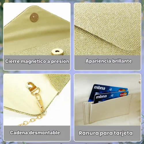 Vista 5 de Bolsos de mano para mujer, Bolso de sobre de noche con cadena desmontable, elegancia brillante Dorado
