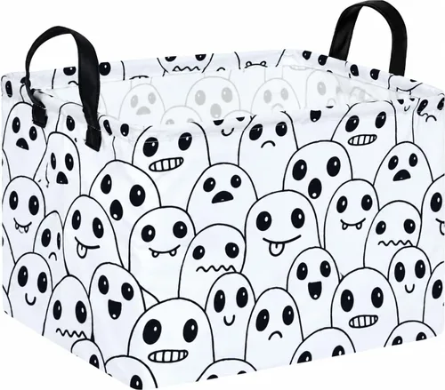 Vista 12 de Cesta de almacenamiento de Halloween, diseño de tela plegable con diseño de araña, murciélago y calabaza, con asas de cuero, organizador de estante
