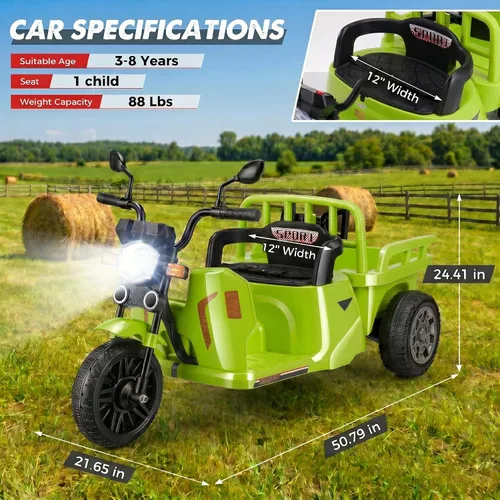 Vista 3 de Hikole Motocicleta eléctrica de 12 V y 3 ruedas para niños a partir de 3 Verde militar