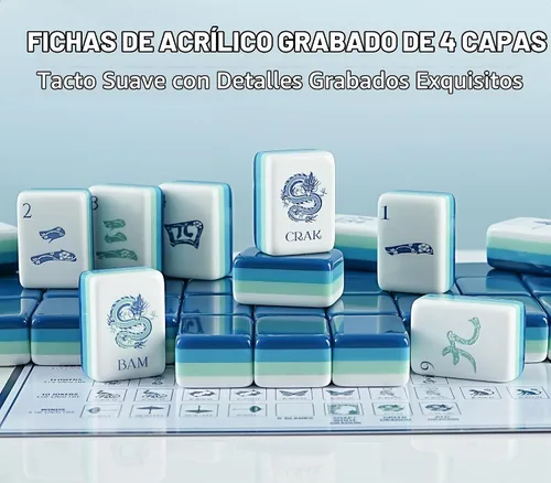 Vista 3 de Juego de azulejos Mahjong acrílicos grabados de 4 capas, 160 piezas con azul (04-Chinoiserie-Blue)