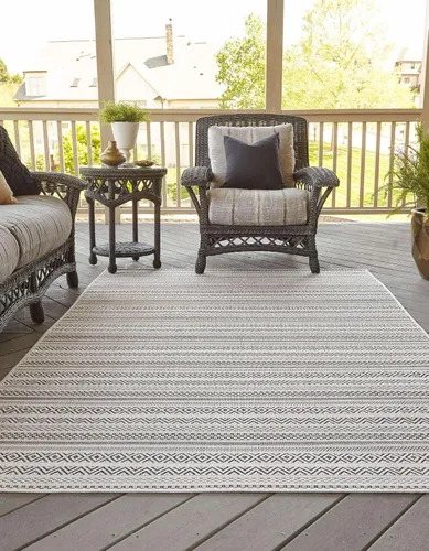 Vista 4 de Unique Loom Outdoor Striped Collection Alfombra de área - Maia (2' 2" x 3' 1" Rectángulo, Beige/Marfil)