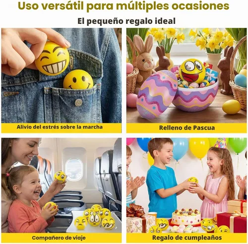 Vista 6 de LovesTown Mini bolas antiestrés, 36 bolas de 2 pulgadas con cara sonriente para apretar, color amarillo, divertidas, de espuma, juguetes