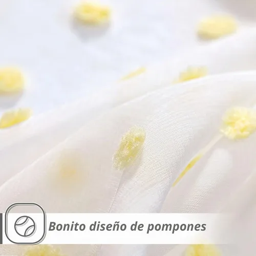 Vista 3 de MYSKY HOME - Cortinas con pompón blancas transparentes para dormitorio de niñas, cortinas amarilla mostaza para habitación infantil, cortinas
