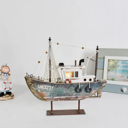 Vista 4 de Decoración de velero de madera Mini barco de vela de madera modelo iluminado Handma De Rústico Vintage Playa Náutico Océano Tema Vela Barco Madera