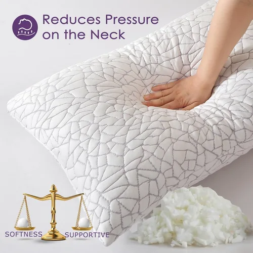 Vista 5 de Juego de 2 almohadas refrescantes de espuma viscoelástica triturada, tamaño Queen, funda extraíble de rayón de bambú + espuma de gel extra, 100%
