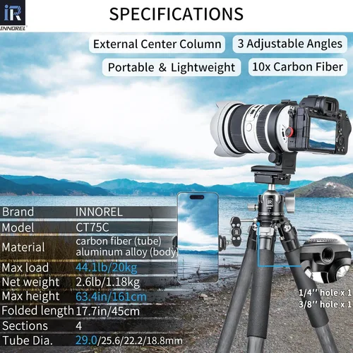 Vista 2 de Trípode de fibra de carbono-INNOREL CT75C - Trípode de viaje portátil profesional compacto para cámara de video digital DSLR, carga de 44.1 lb/20
