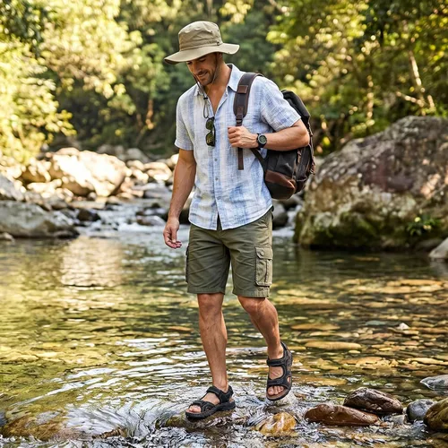 Vista 2 de Jousen Men's Leather Hiking Sandals with Arch Support Sandalia Playa Casual 662-negro
