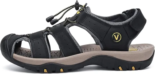 Vista 4 de FLARUT - Sandalias deportivas para hombre, sandalias para senderismo y exteriores, diseño informal de cuero con punta cerrada, sandalias atléticas