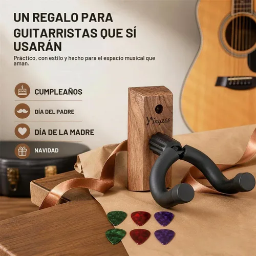 Vista 8 de Soporte de pared para guitarra con soporte para púas y 6 púas de celuloide, colgador de guitarra de madera de nogal en forma de U, soporte de gancho