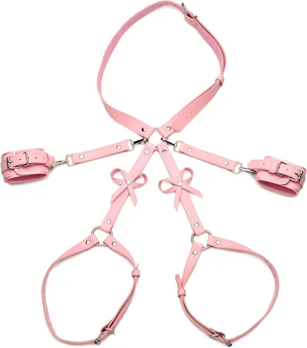 Vista 10 de STRICT Arnés Bondage negro con lazos para mujeres, hombres y parejas BDSM, sujetadores de cuero vegano para submarinos, mediano grande, negro