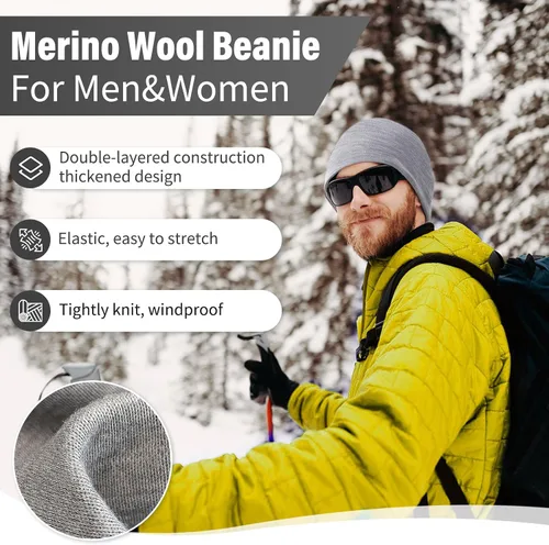 Vista 4 de Merino Protect 100% Merino Wool Beanie for Men Women Winter Warm Double-Layered Cuffed Hats Knit Soft Cap Skiing Skating