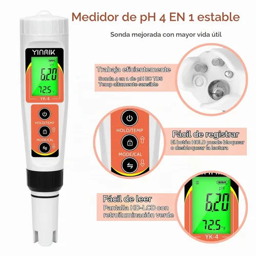 Vista 2 de Yinmik Medidor de pH, medidor digital 4 en 1 de pH EC TDS Temp para agua hidropónica, probador de agua impermeable DWC de pH y EC PPM con Probador