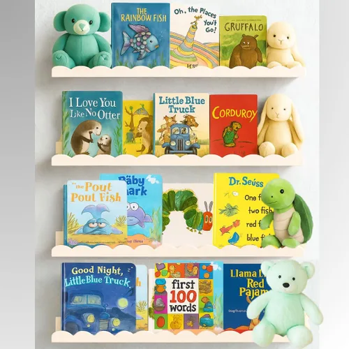 Vista 8 de Estantes festoneados, juego de 4 estantes flotantes blancos premontados de 15.6 pulgadas, estante festoneado para libros para habitaciones de niños