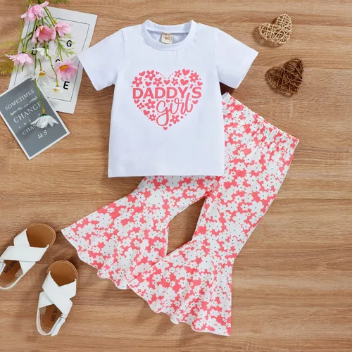 Vista 2 de Toddler Girls Valentine's Day Short Sleeve Letter T Shirt Pullover Tops Bell Bottoms Pants Kids Infant Girl
