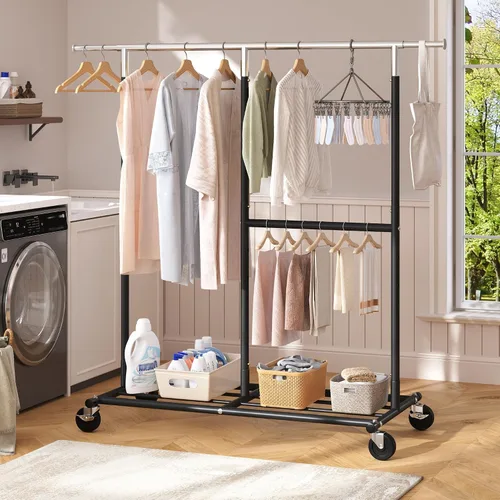 Vista 6 de Raybee Perchero para Ropa Resistente 200+LBS, Percheros para Colgar Ropa, Perchero de Metal con Ruedas, Perchero Comercial para Prendas Rodante Negro