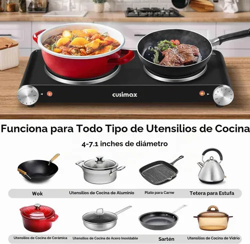 Vista 4 de Cusimax - Placa de cocción eléctrica de 1800 W, estufa eléctrica portátil para cocinar, hornalla doble, con control de temperatura ajustable