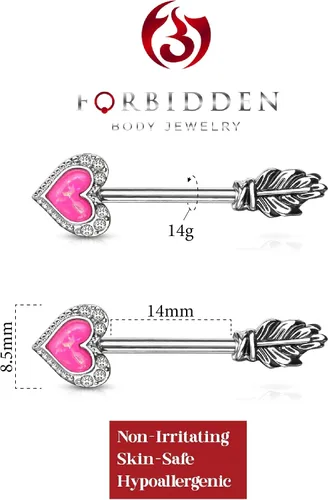 Vista 2 de Forbidden Body Jewelry Pave CZ Opalite Heart & Feather Flecha Acero Quirúrgico Pezón Barbells Rosado