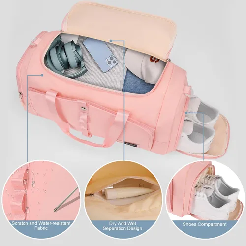 Vista 2 de Bolsa de gimnasio para mujer con compartimento para zapatos, capacidad adecuada de 25L, Rosado, Bolsa de gimnasio