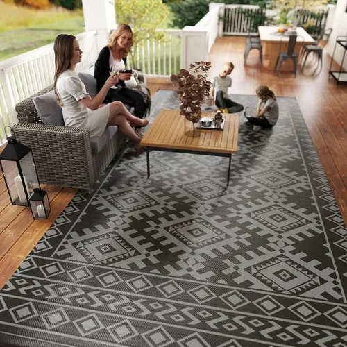 Vista 9 de Outsunny Alfombra de exterior para patio impermeable 9' x 18' rombo negro y Borde rombo negro y gris