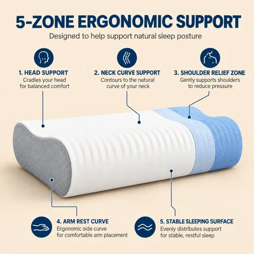 Vista 3 de Eletronova Almohada de espuma viscoelástica para dolor de cuello, almohada cervical CertiPUR-US® con diseño de doble altura, funda de enfriamiento