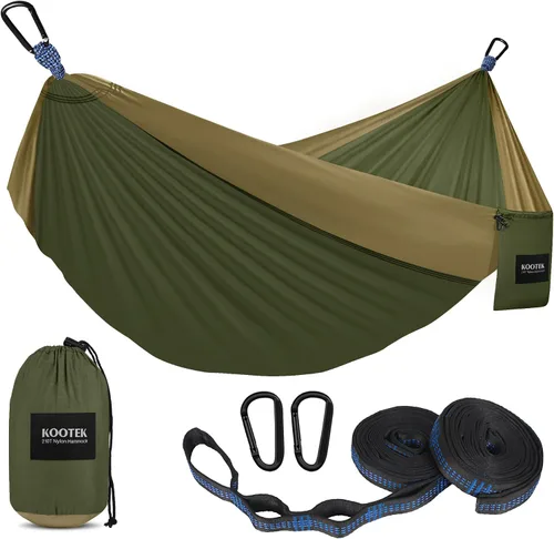 Vista 10 de Kootek - Hamaca portátil doble e individual con 2 correas para árboles, de nailon ligero de paracaídas para mochileros, viajes, playa, patio, Negro