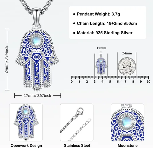 Vista 124 de Aniu Joyería de plata de ley 925 Hamsa de Fátima para mujer con circonita cúbica, viene con caja de regalo negra