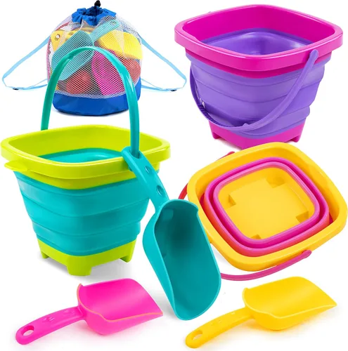 Vista 8 de Sloosh Paquete de 3 juguetes plegables de arena, cubo cuadrado plegable de silicona para playa con 3 palas para jugar en caja de arena, fiesta