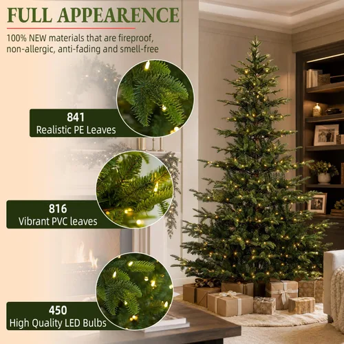 Vista 2 de Árbol de Navidad preiluminado de 7.5 pies con 450 LED blancos Árbol de capa verde
