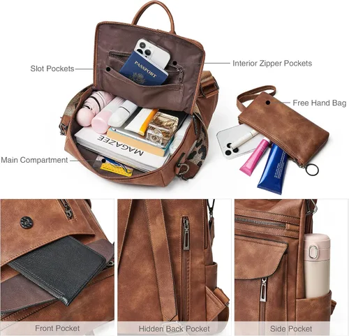 Vista 4 de Shrrie - Mochila de cuero para mujer, bolso de moda, mochila de cuero para mujer, mochila de viaje de diseñador, bolso de hombro convertible