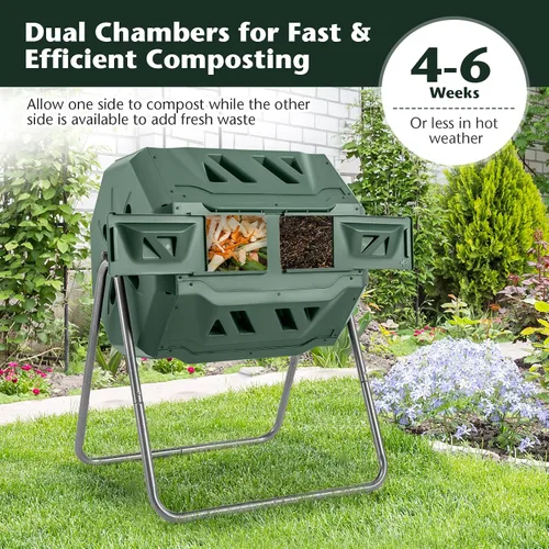 Vista 3 de Goplus Contenedor de compostaje de doble cámara para exteriores de 42 galones con 2 puertas corredizas, marco de metal resistente, compostador