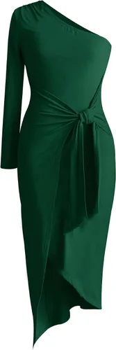 Vista 5 de BTFBM Vestido de cóctel elegante de manga larga con un hombro descubierto para mujer, vestido de cóctel ajustado con lazo en la cintura, vestido